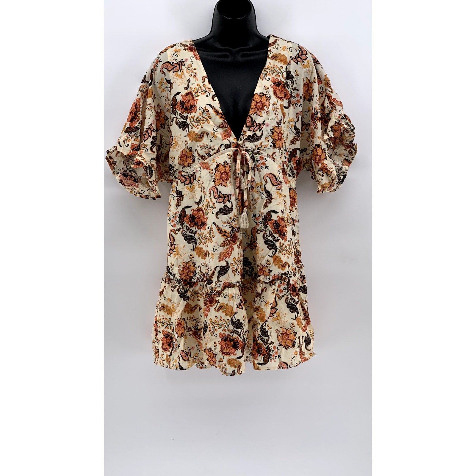 FOREVER 21 Women's Cream-Orange Floral Short Sleeve V-Neck Mini Dress SZ S