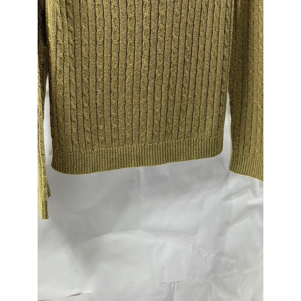 LAUREN RALPH LAUREN Women's Brown Metallic Silk-Blend Cable Knit Sweater SZ L