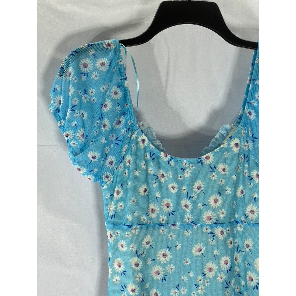 BERSHKA Women’s Light Blue Milkmaid Floral Puff Short Sleeve Mini Dress SZ M