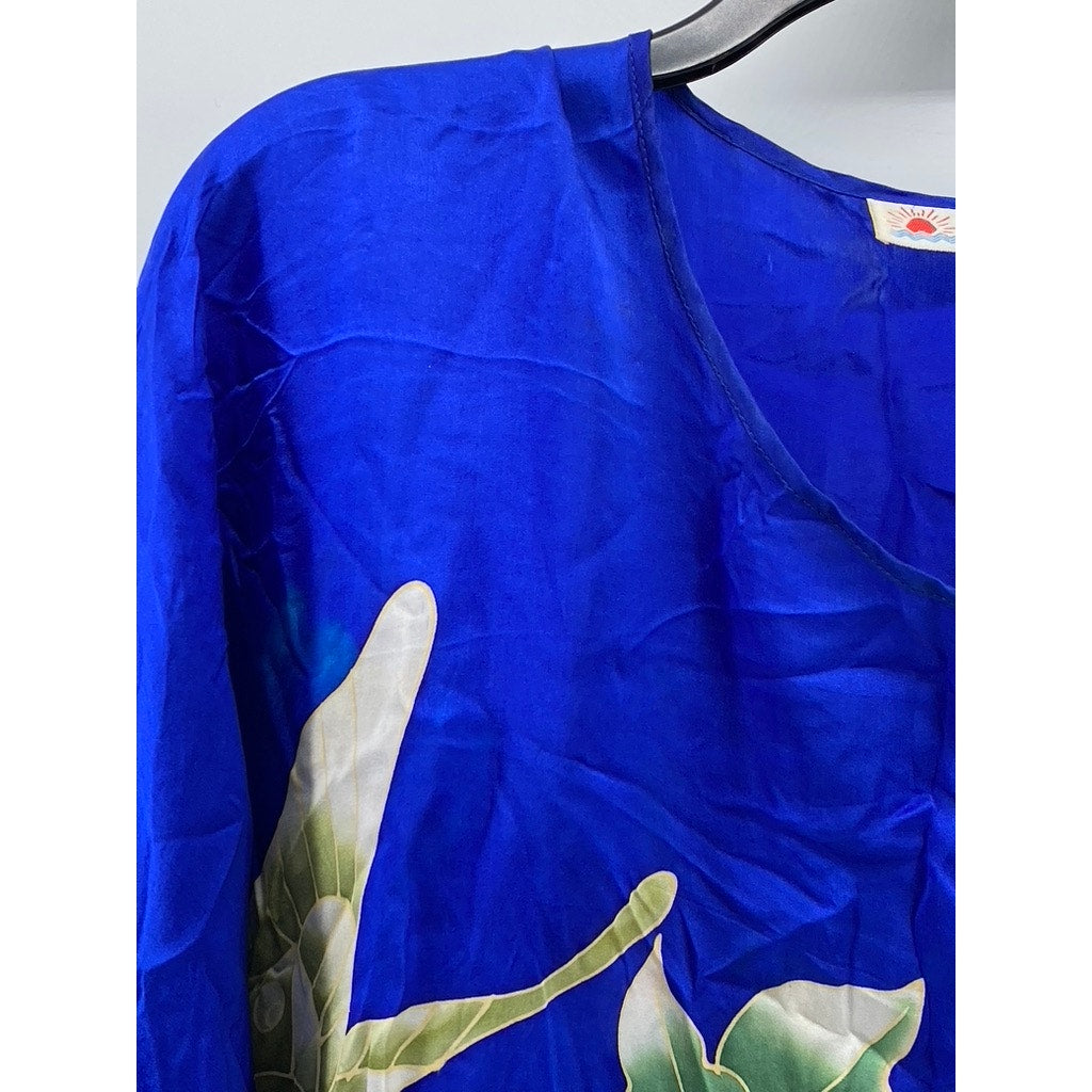 UNBRANDED Women's Royal Blue Butterfly Print Short Sleeve Midi Kimono Dress SZ L
