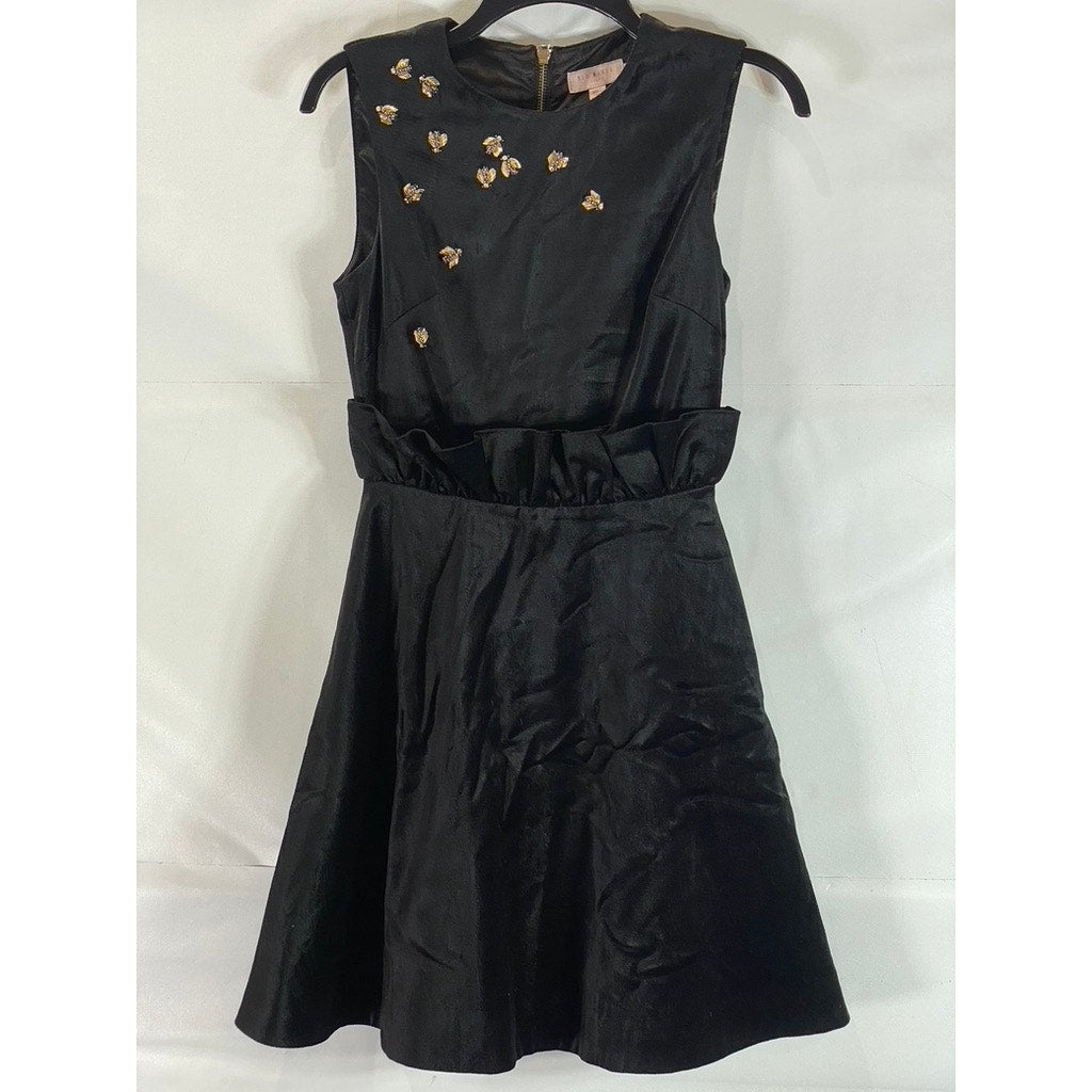 TED BAKER LONDON Women's Black Velvet Celeena Queen Bee Ruffle Dress SZ 0 (US2)