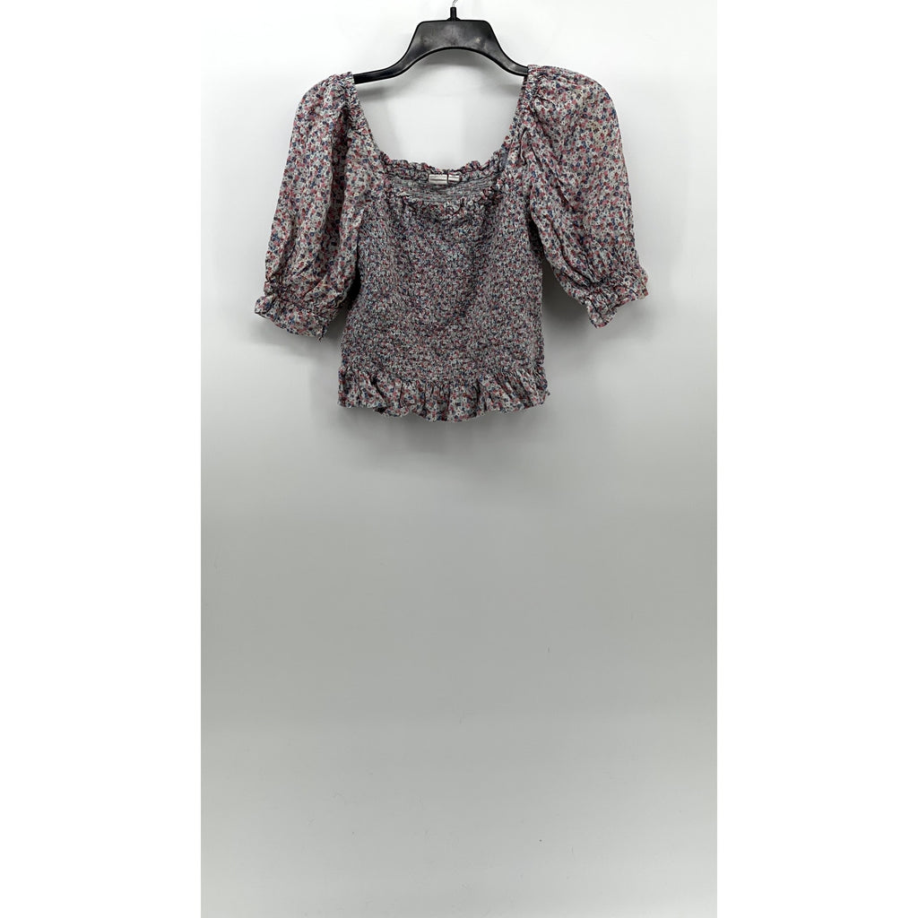 GAP Women's Pink-Blue Floral Straight-Neck Puff Elbow Sleeve Smocked Top SZ S