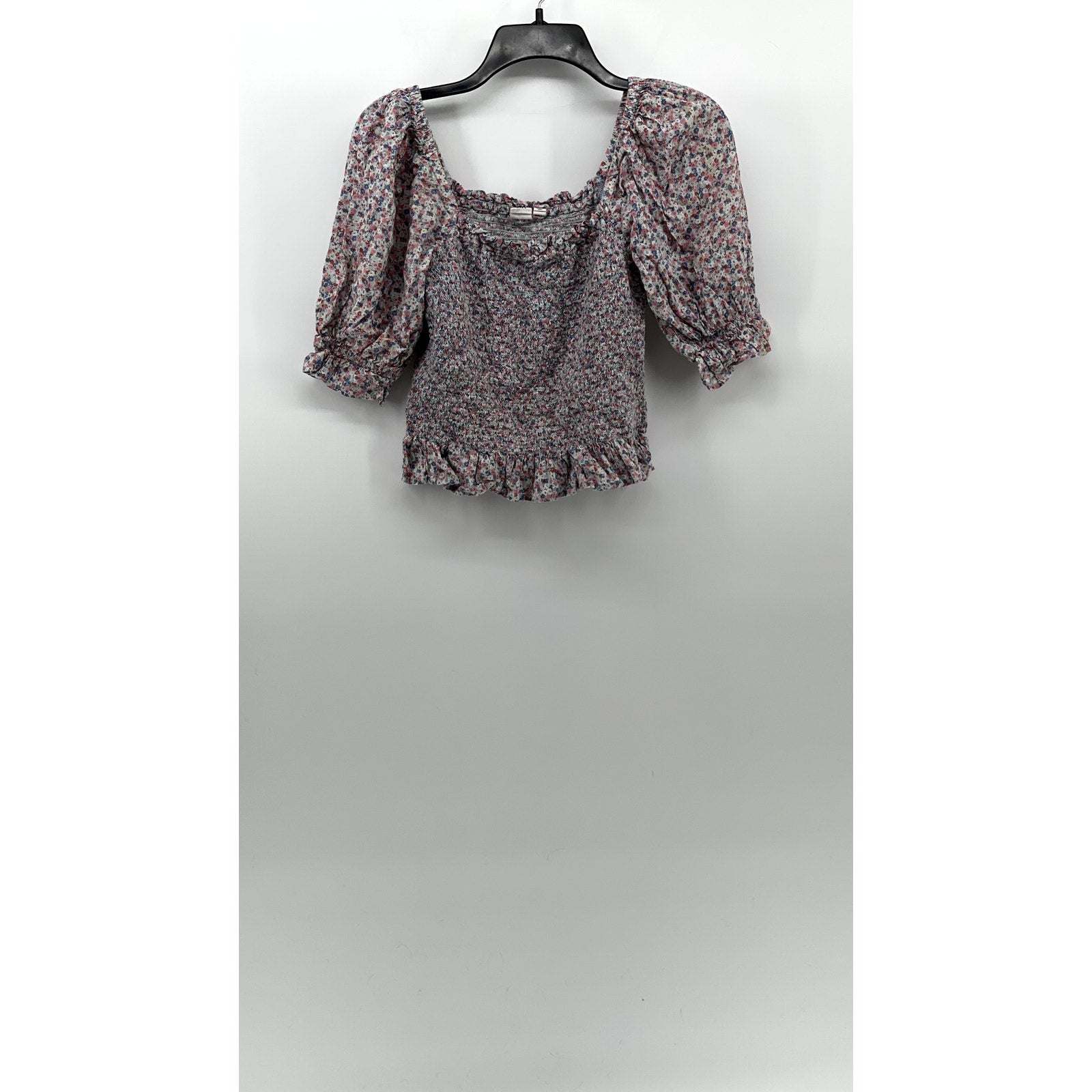 GAP Women's Pink-Blue Floral Straight-Neck Puff Elbow Sleeve Smocked Top SZ S