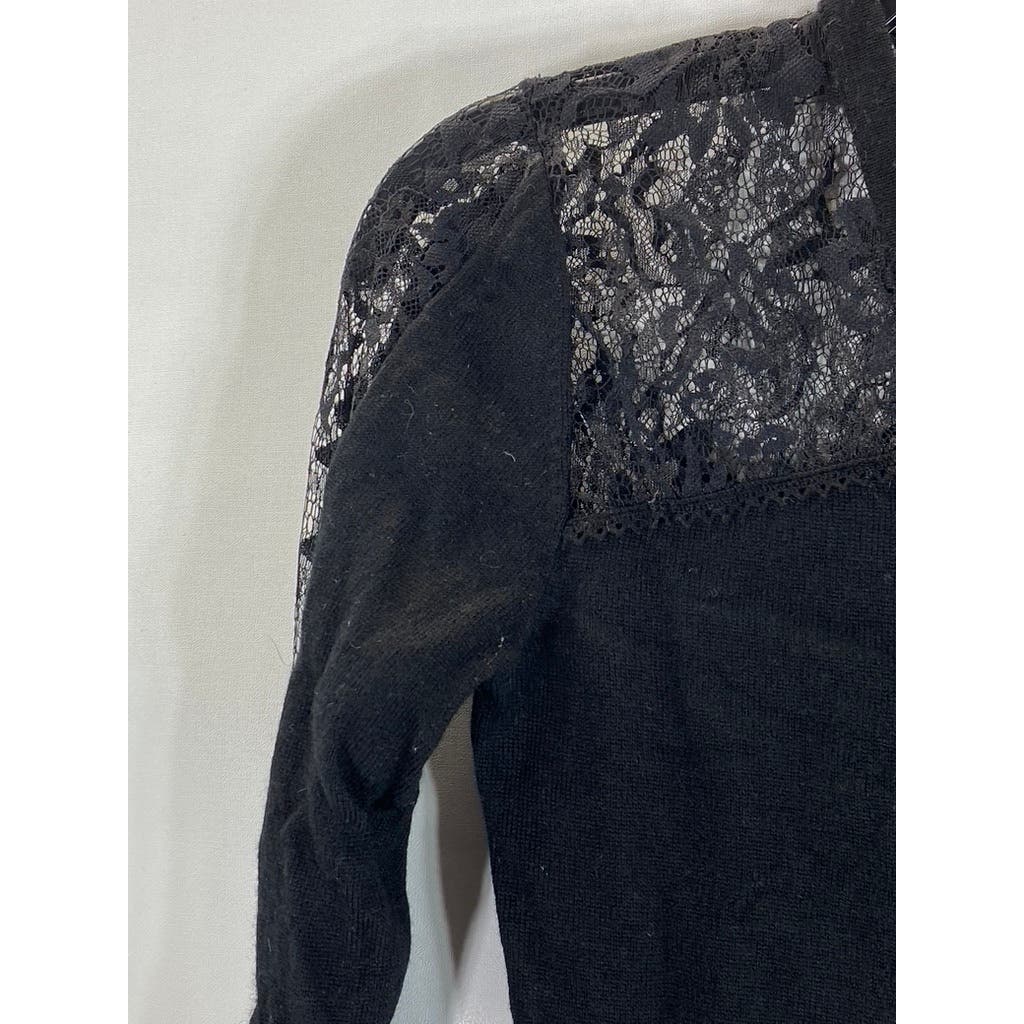 NANETTE LEPORE Women's Black Lace Zip-UP V-Neck Long Sleeve Top SZ XS