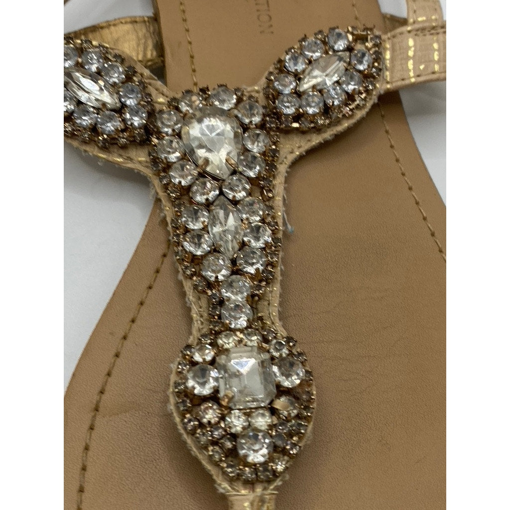 BCBGENERATION Women's Tan Rhinestone Embellished T-Strap Sandals SZ 7
