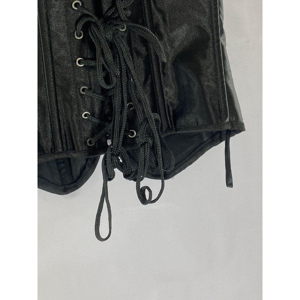 UNBRANDED Women's Black Satin Strapless Lace-Up Back Hook Front Corset Top SZ L