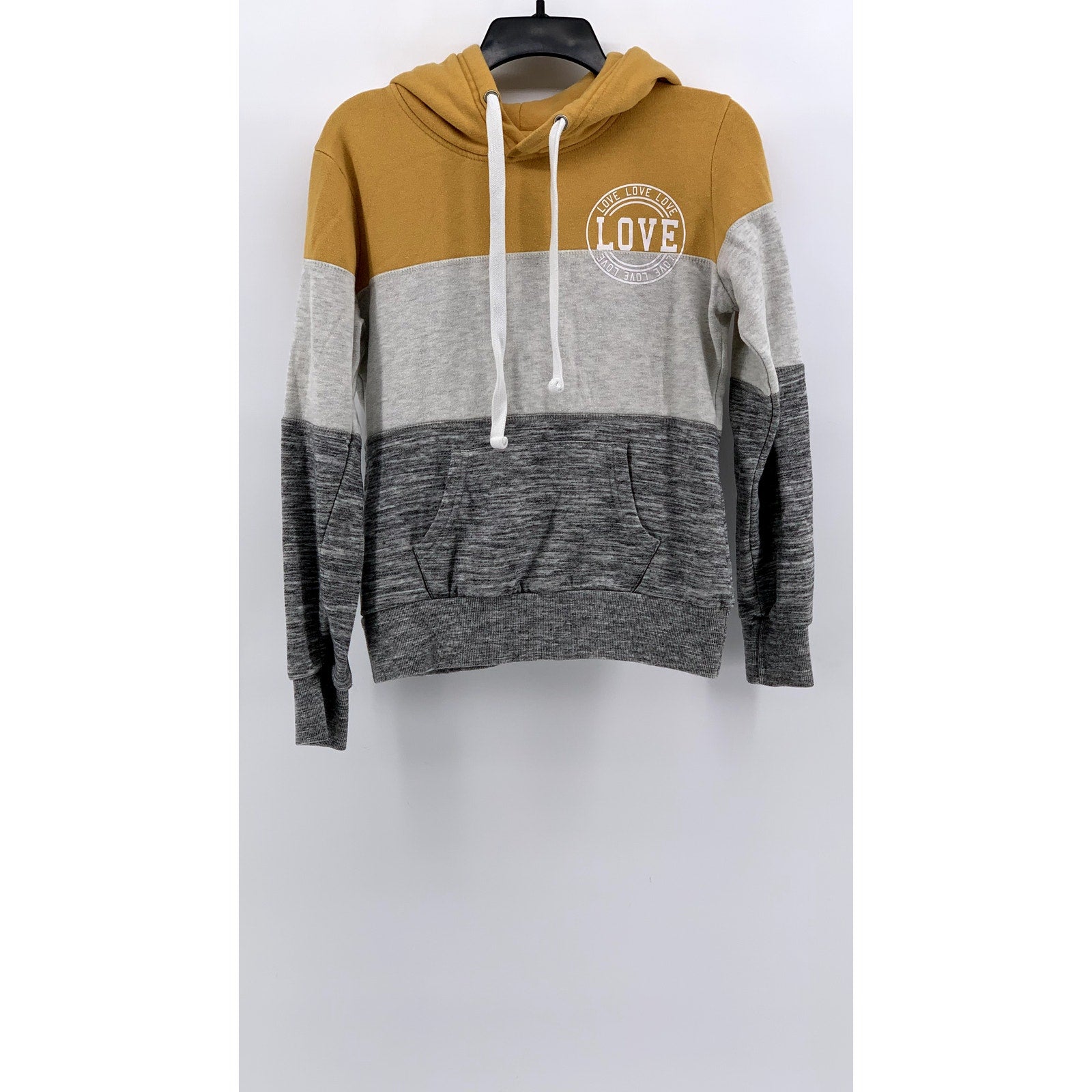 REFLEX Women's Yellow-Gray Love Logo Color Block Hoodie SZ S