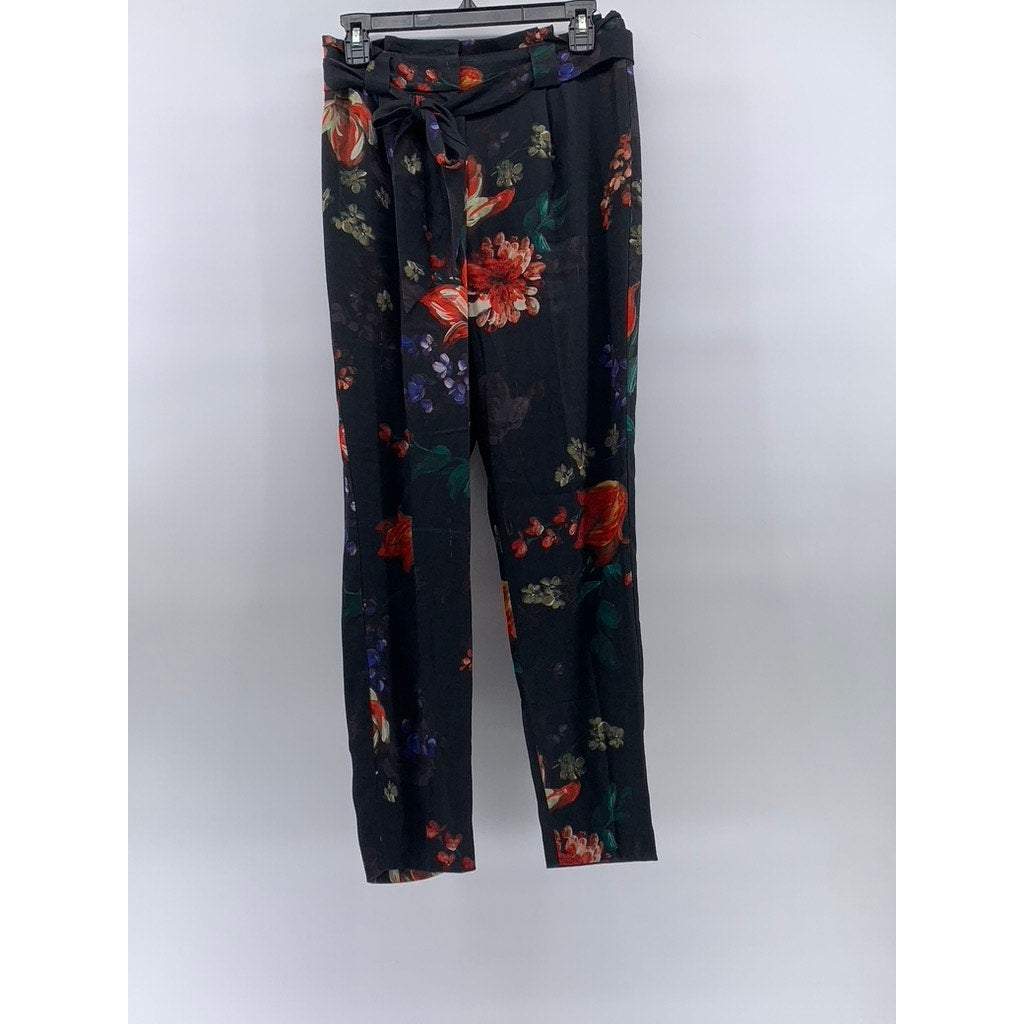 EXPRESS Women's Black Floral Print Belted Tapered Paperbag Pants SZ 4
