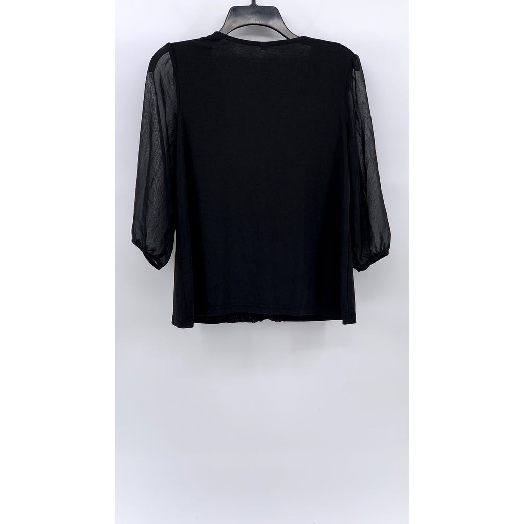 TOPVALU Women's Black Scoop-Neck Lace-Trim Sheer Long Sleeve Top SZ M