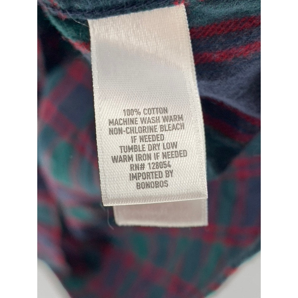 BONOBOS Men's Green-Blue-Red Button-Up Slim-Fit Flannel Long Sleeve Shirt SZ L