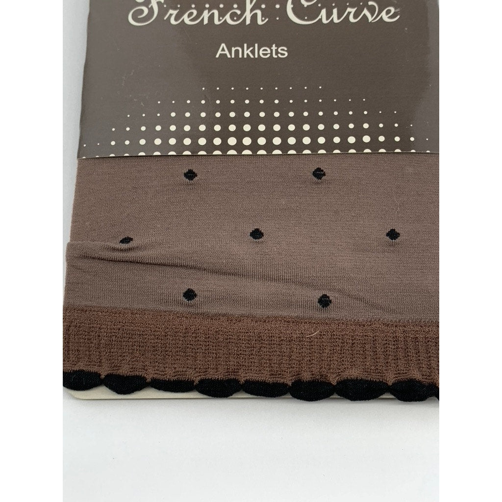 FRENCH CURVE Women’s Brown Micro-Dot Sheer Lettuce-Trim Anklet Socks SZ OS