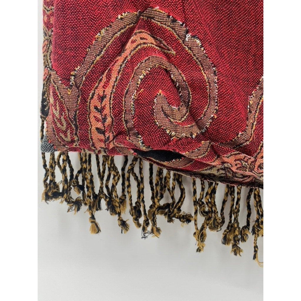 UNBRANDED Women's Brown-Orange Paisley Fringe Knit Shawl