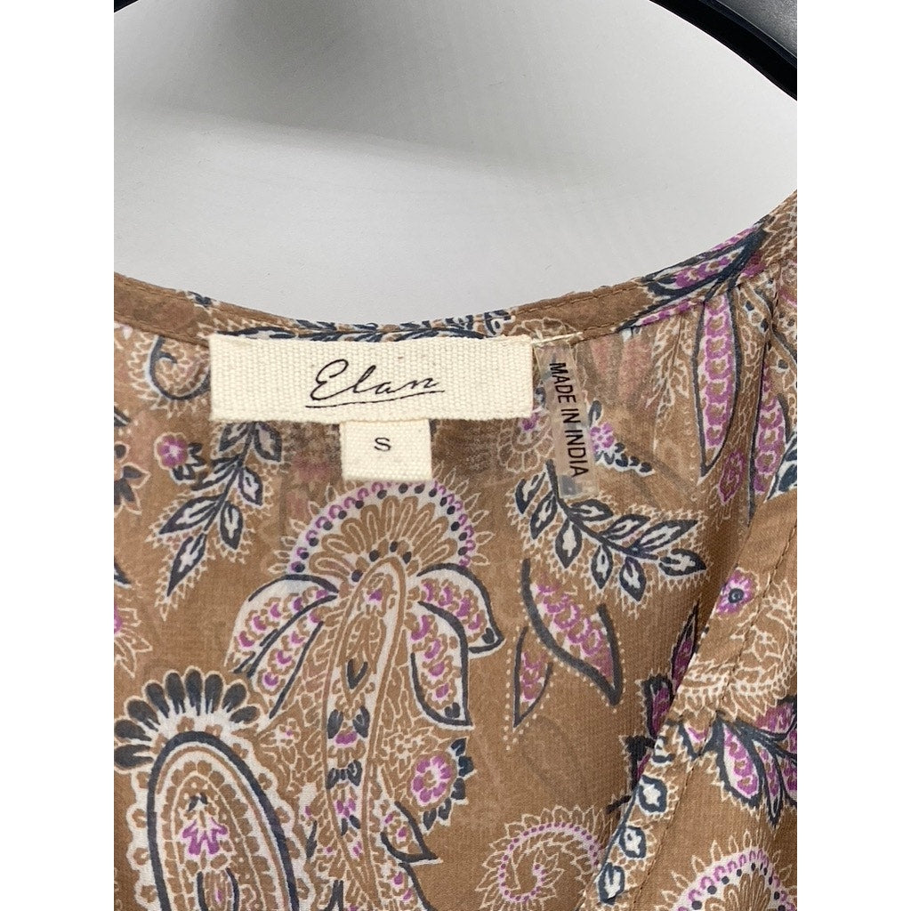 ELAN Women’s Tan Paisley Printed Long Sleeve Ruffle Trim Wrap Midi Dress SZ S