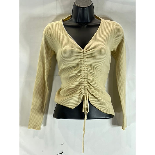 UNBRANDED Women's Beige Ribbed V-Neck Cinched Long Sleeve Top SZ S