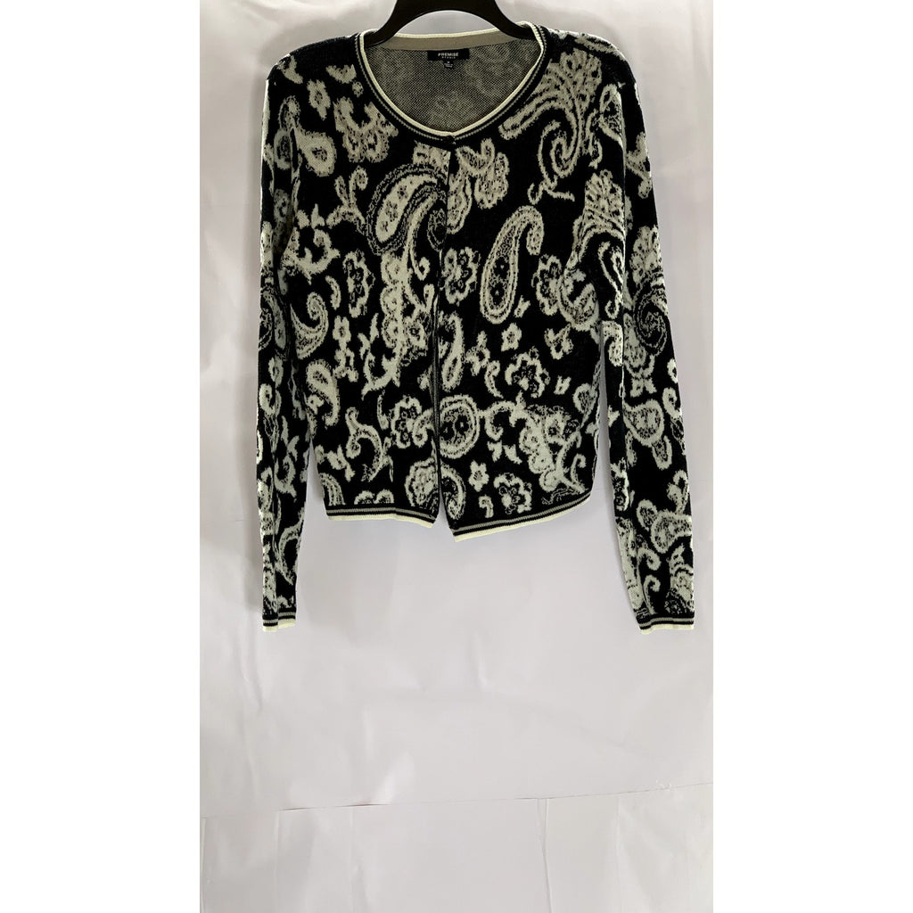 PREMISE STUDIO Women's Black/Cream Paisley Print Button-Up Knit Cardigan SZ M