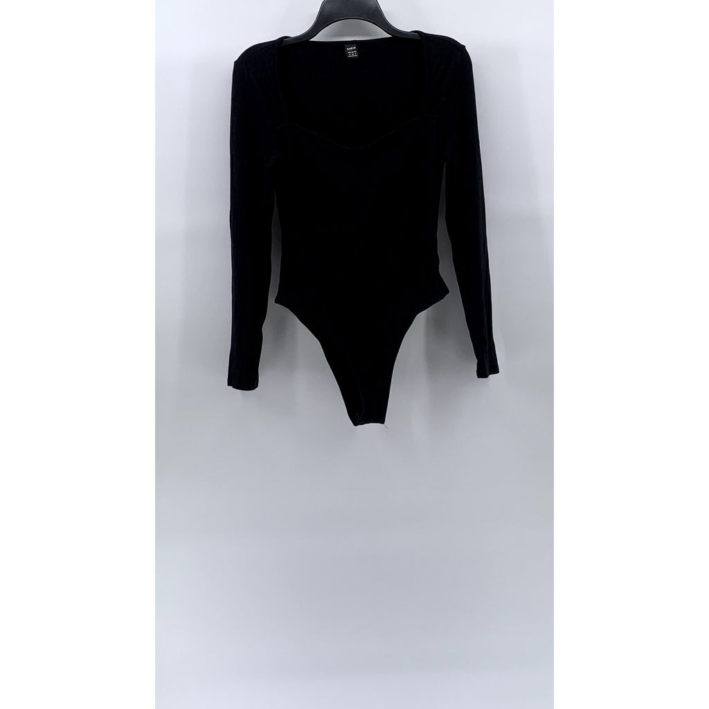 SHEIN Women's Black Ribbed Straight-Neck Long Sleeve Bodysuit SZ 6