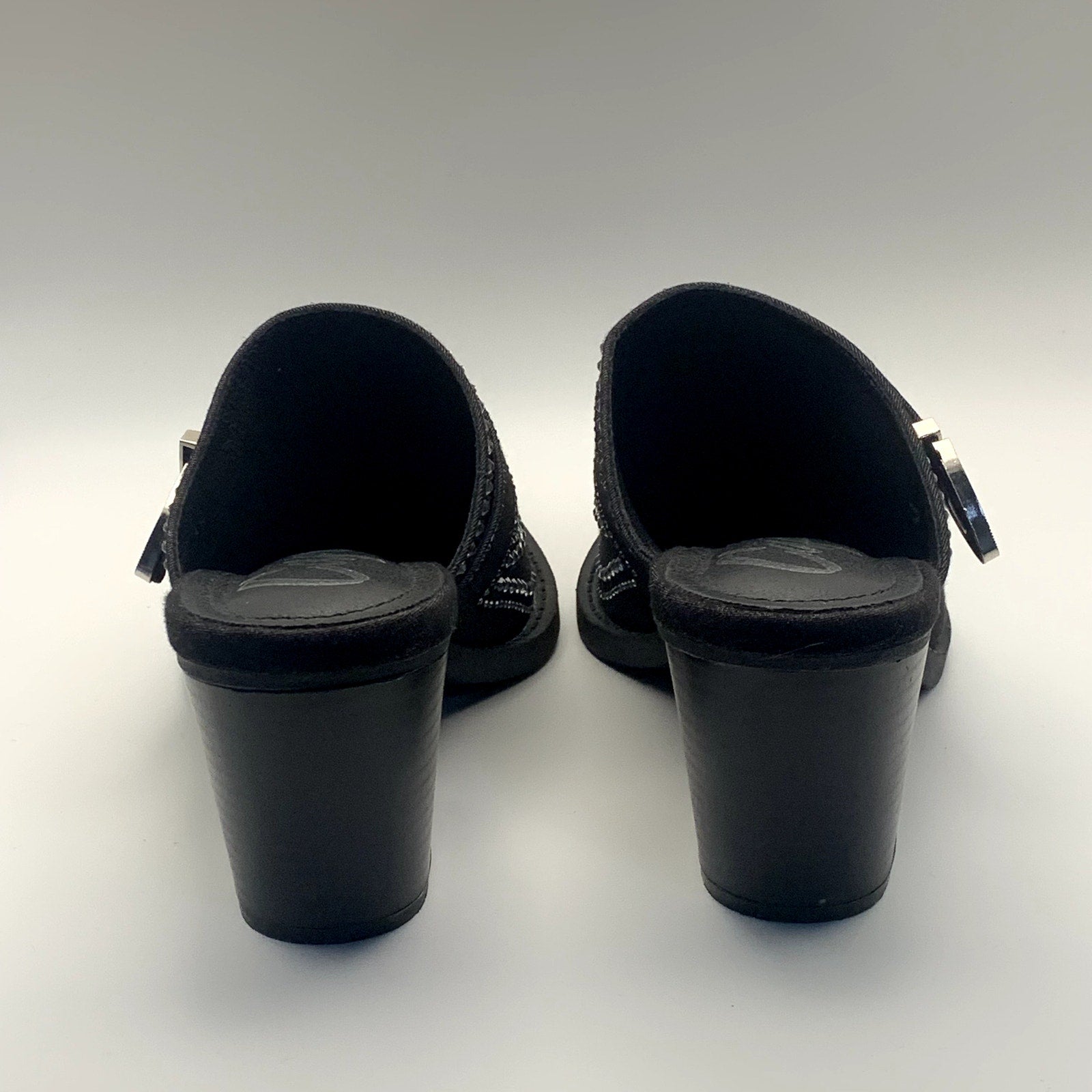 CAPE ROBBIN Women's Black Viv Rhinestone Denim Buckle Pointed-Toe Heels SZ 8