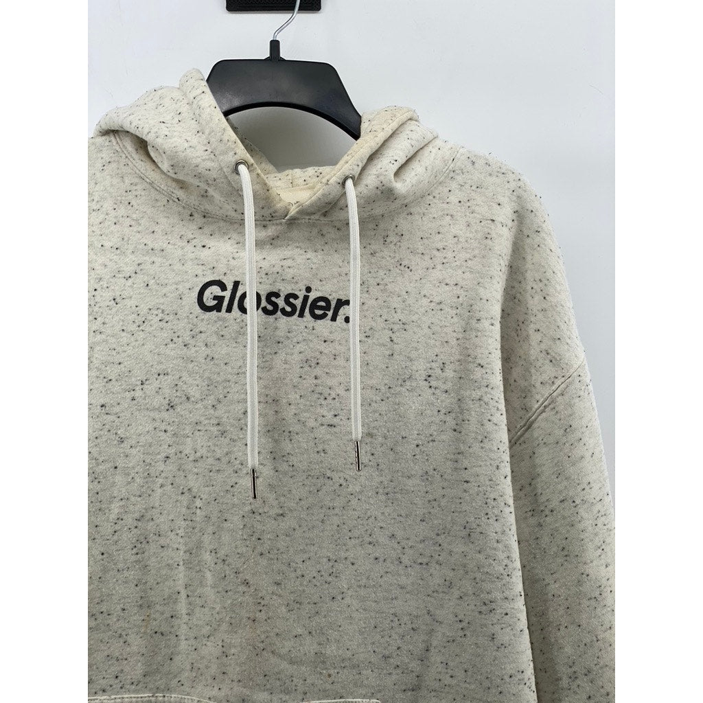 GLOSSIER Women's Light-Gray Speckle Print Logo Casual Pullover Hoodie SZ L