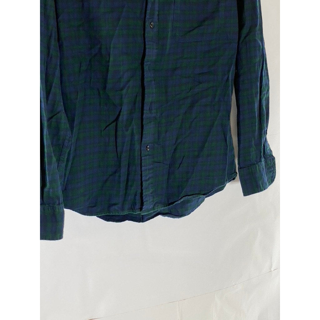 UNIQLO Men's Dark Green-Blue Checkered Regular-Fit Button-Up Flannel Shirt SZ S