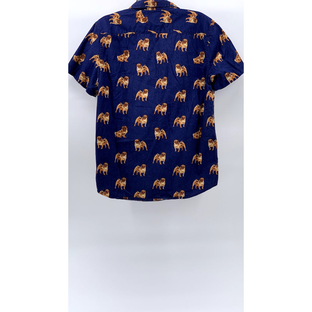 FOREVER 21 Men's Dark Blue-Brown Pug Graphic Button-Up Short Sleeve Shirt SZ L