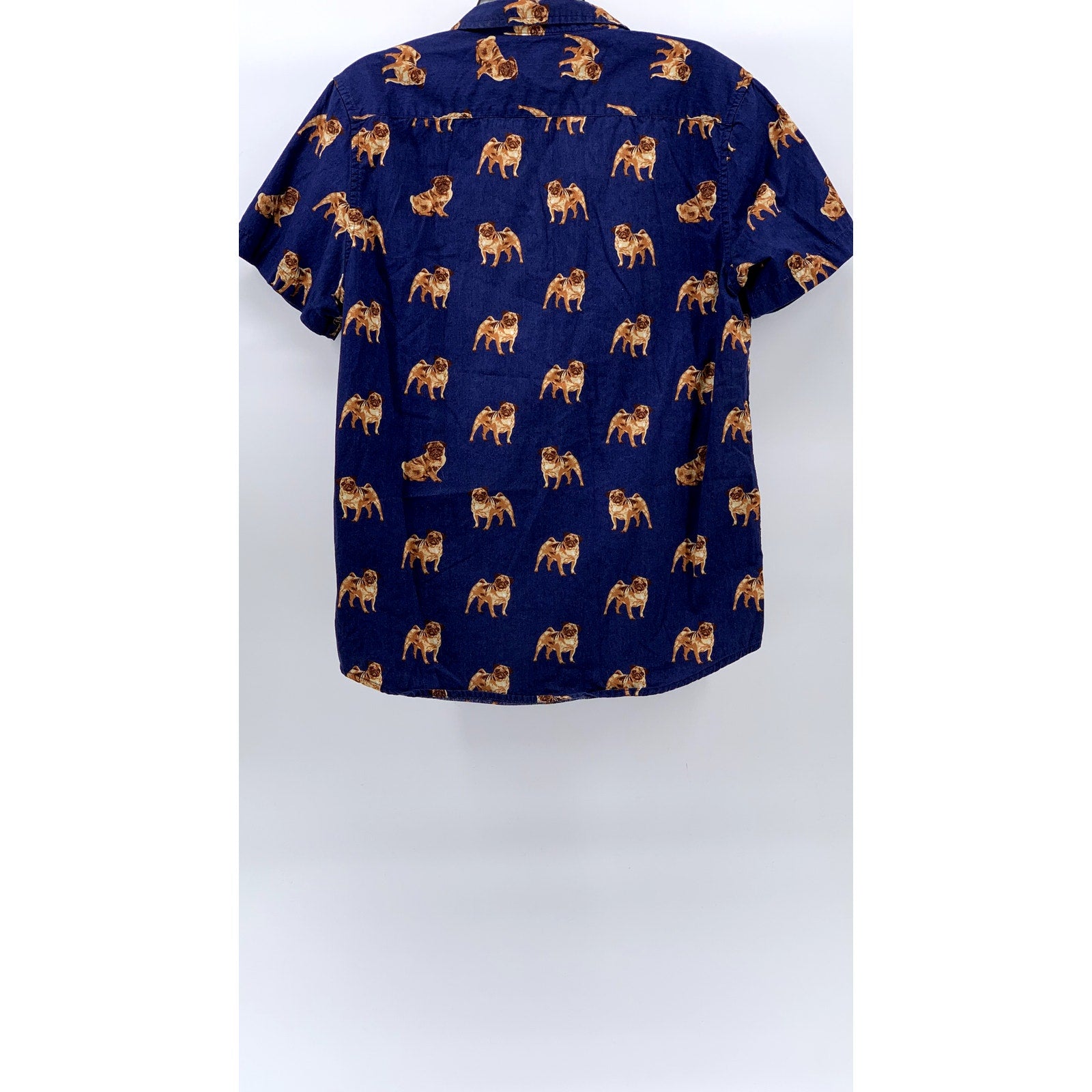 FOREVER 21 Men's Dark Blue-Brown Pug Graphic Button-Up Short Sleeve Shirt SZ L