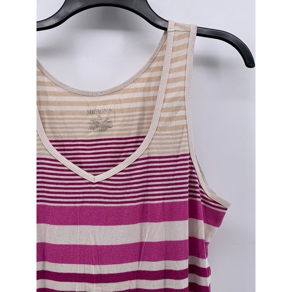 MERONA Women's Beige-Magenta Striped Ribbed Tank Top SZ XL