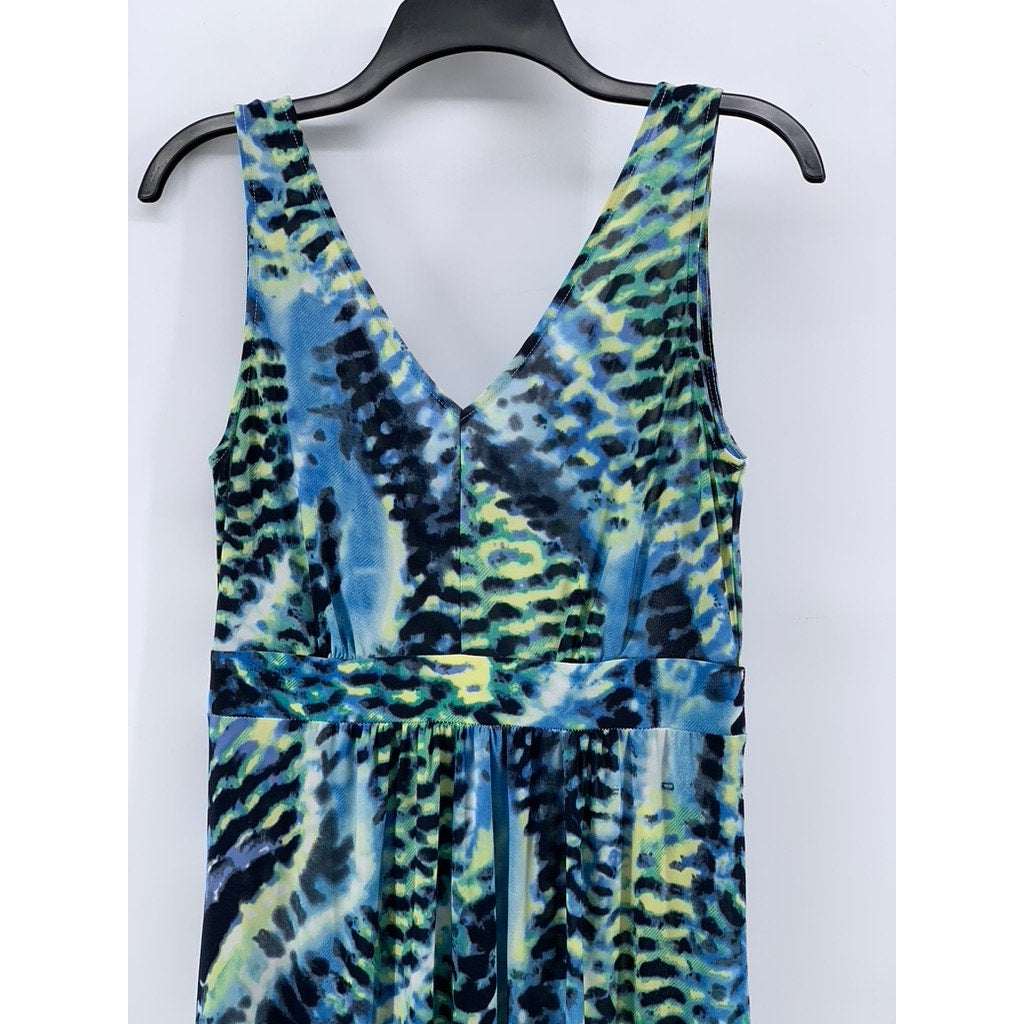 WEST LOOP Women's Blue-Green Printed V-Neck Sleeveless Maxi Dress SZ L