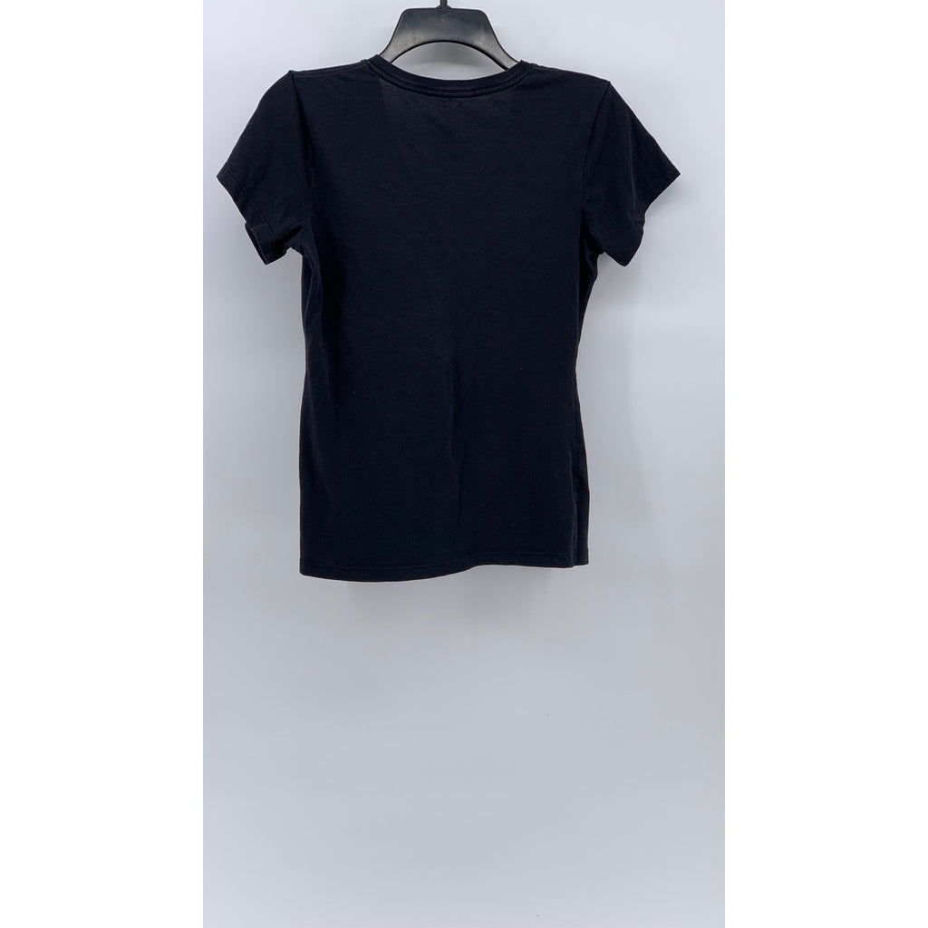 NIKE Women's Black-White V-Neck Swoosh Short Sleeve Active Top SZ S