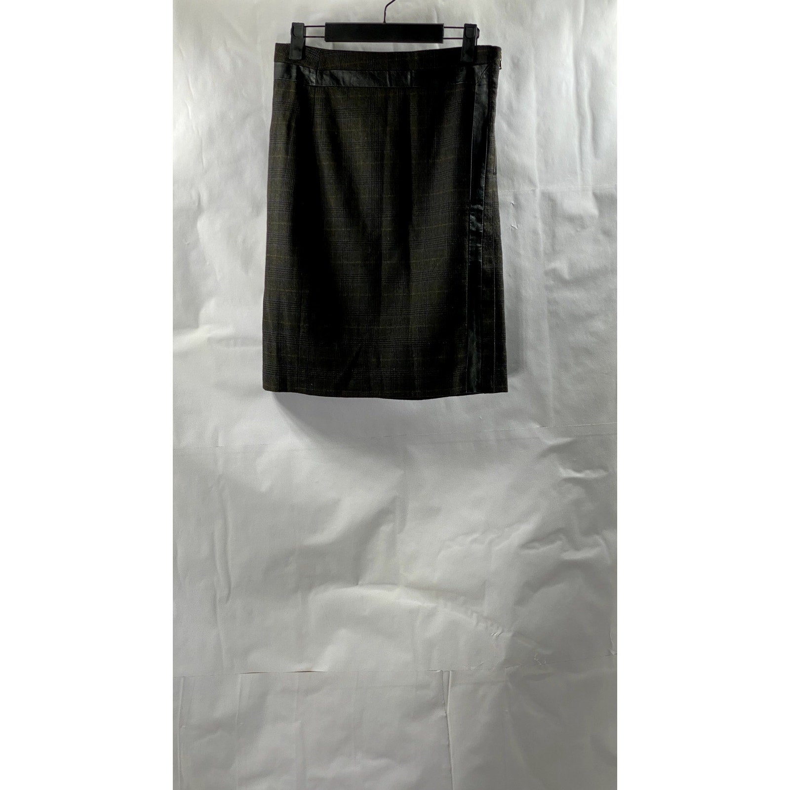 CLUB MONACO Women's Brown Plaid Wool-Blend Leather Trim Side Slit Skirt SZ 2