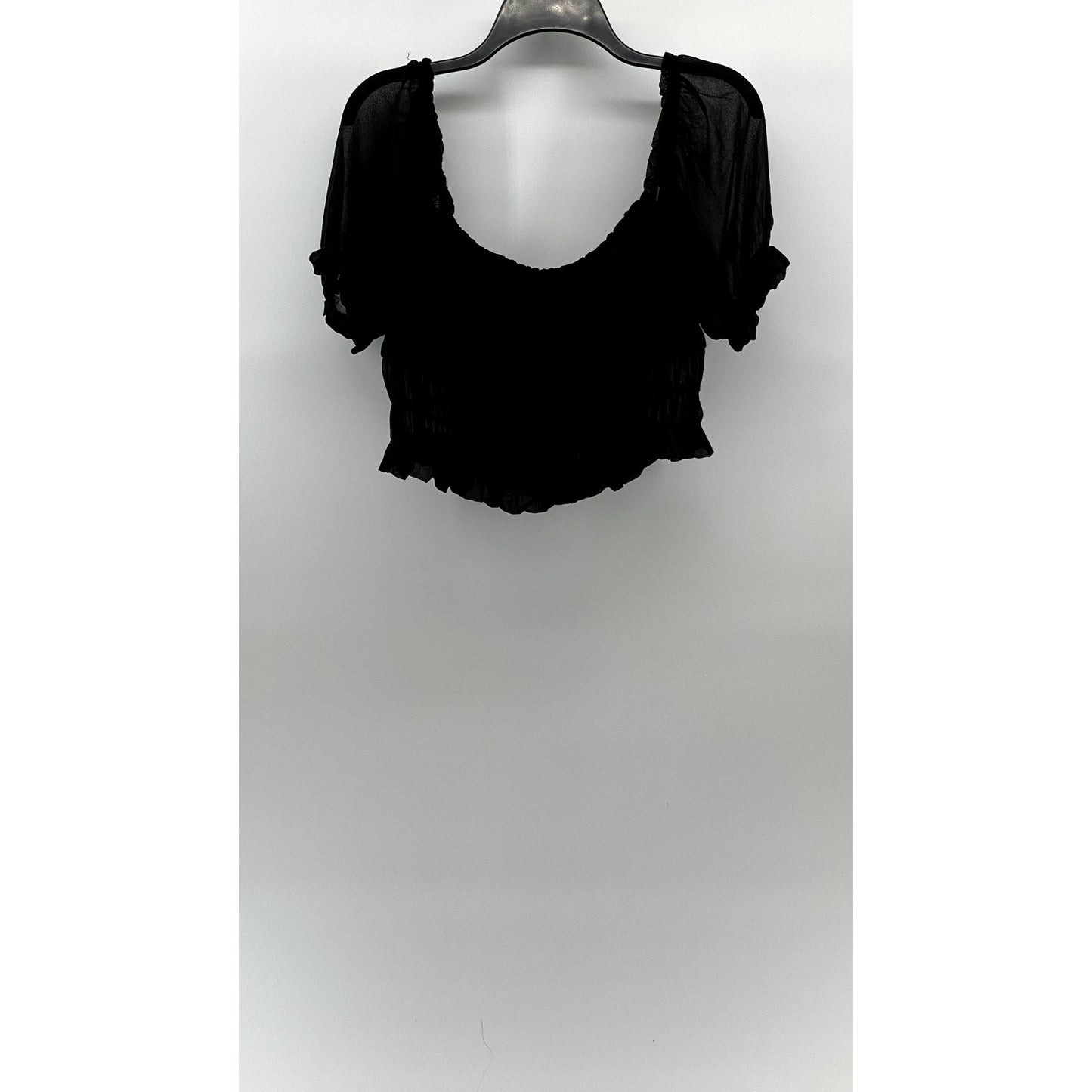 FOREVER 21 Women's Black Mesh Scoop-Neck Short Puff Sleeve Tiered Mesh Top SZ L