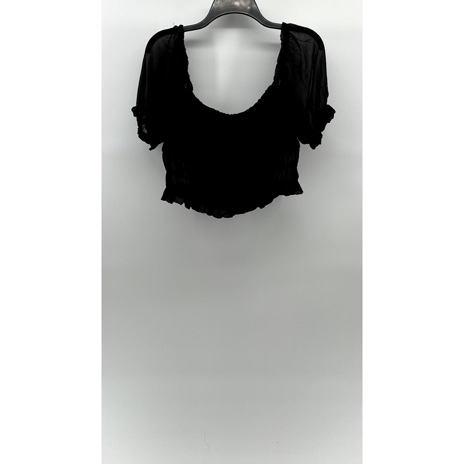 FOREVER 21 Women's Black Mesh Scoop-Neck Short Puff Sleeve Tiered Mesh Top SZ L