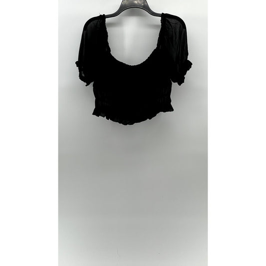 FOREVER 21 Women's Black Mesh Scoop-Neck Short Puff Sleeve Tiered Mesh Top SZ L