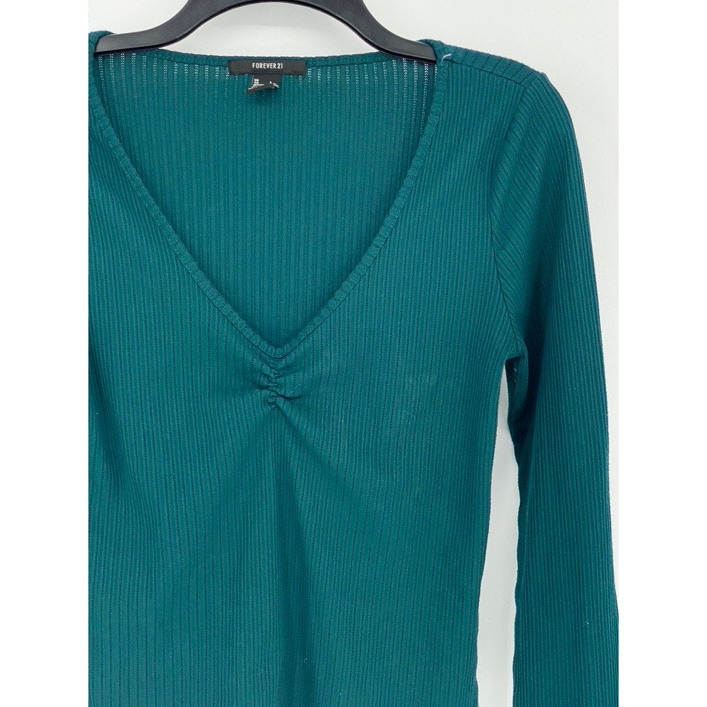 FOREVER 21 Women’s Emerald Green V-Neck Ribbed Long Sleeve Top SZ L