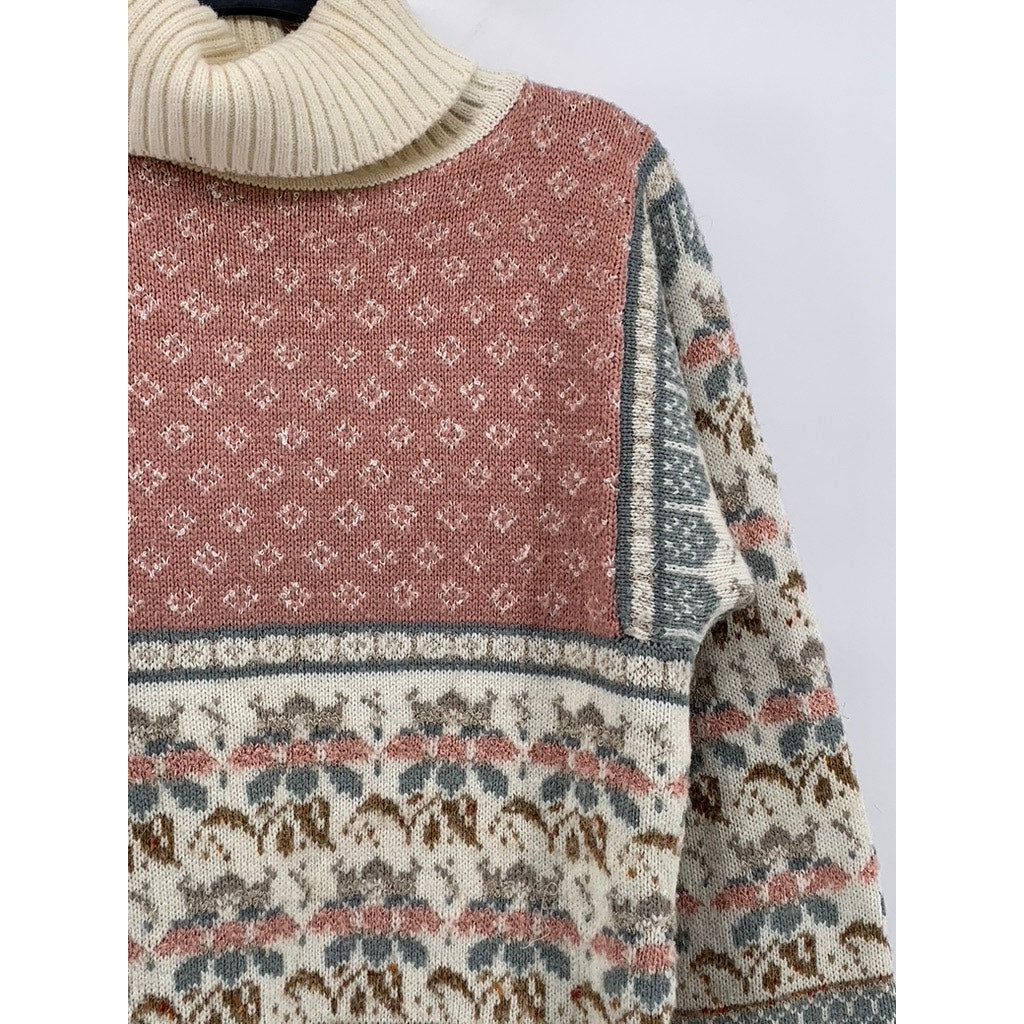 DISTINCTION Women's Beige-Pink Printed Knit Long Sleeve Turtleneck Sweater SZ S