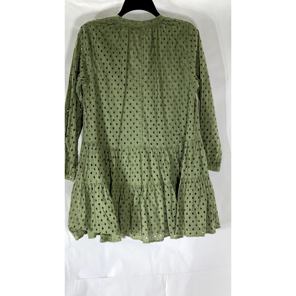 ASOS Women's Dark Green Eyelet Tie-Neck Long Sleeve Tiered Mini Dress SZ 2