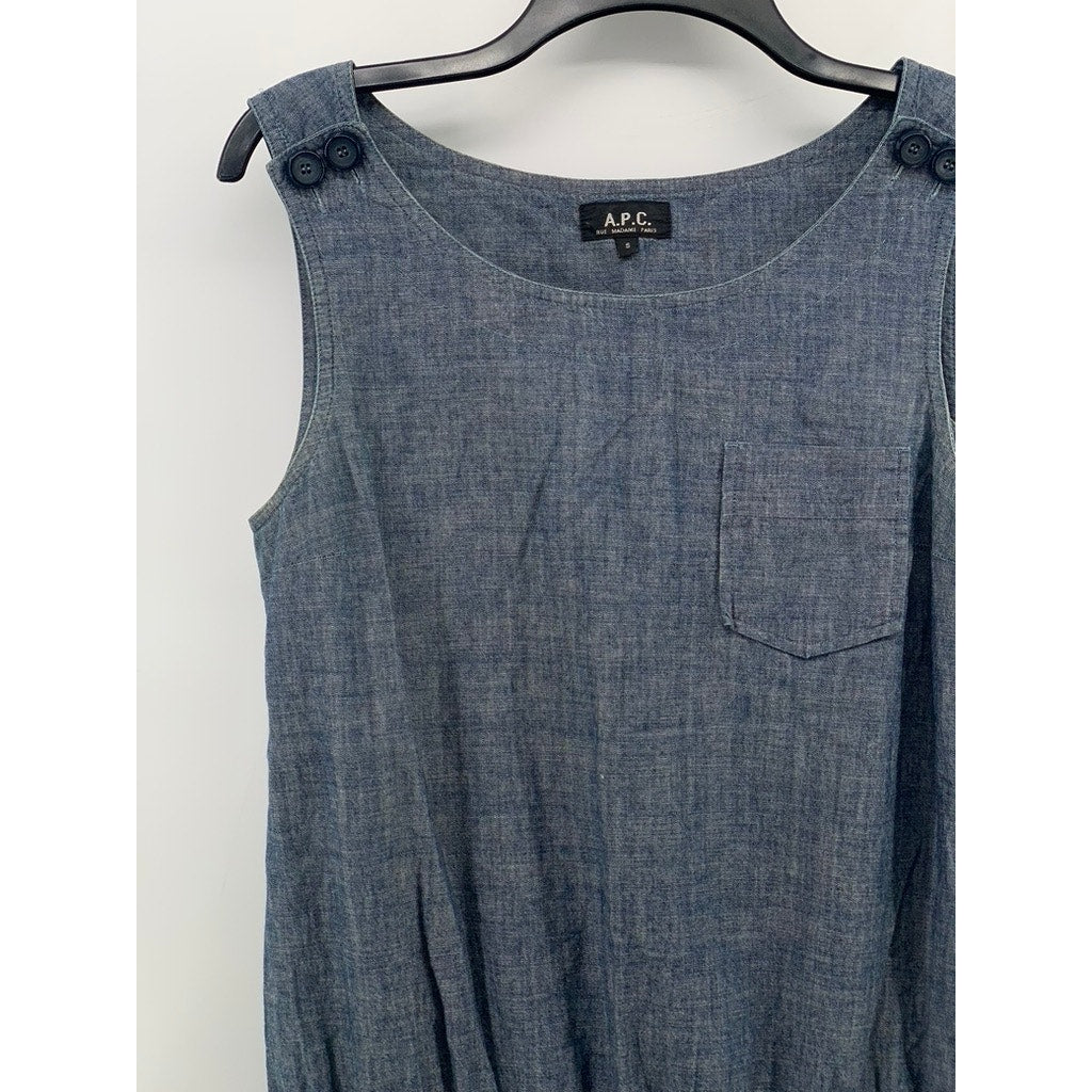 A.P.C. Women's Blue Chambray Crewneck Sleeveless Ruffle-Hem Knee Dress SZ S