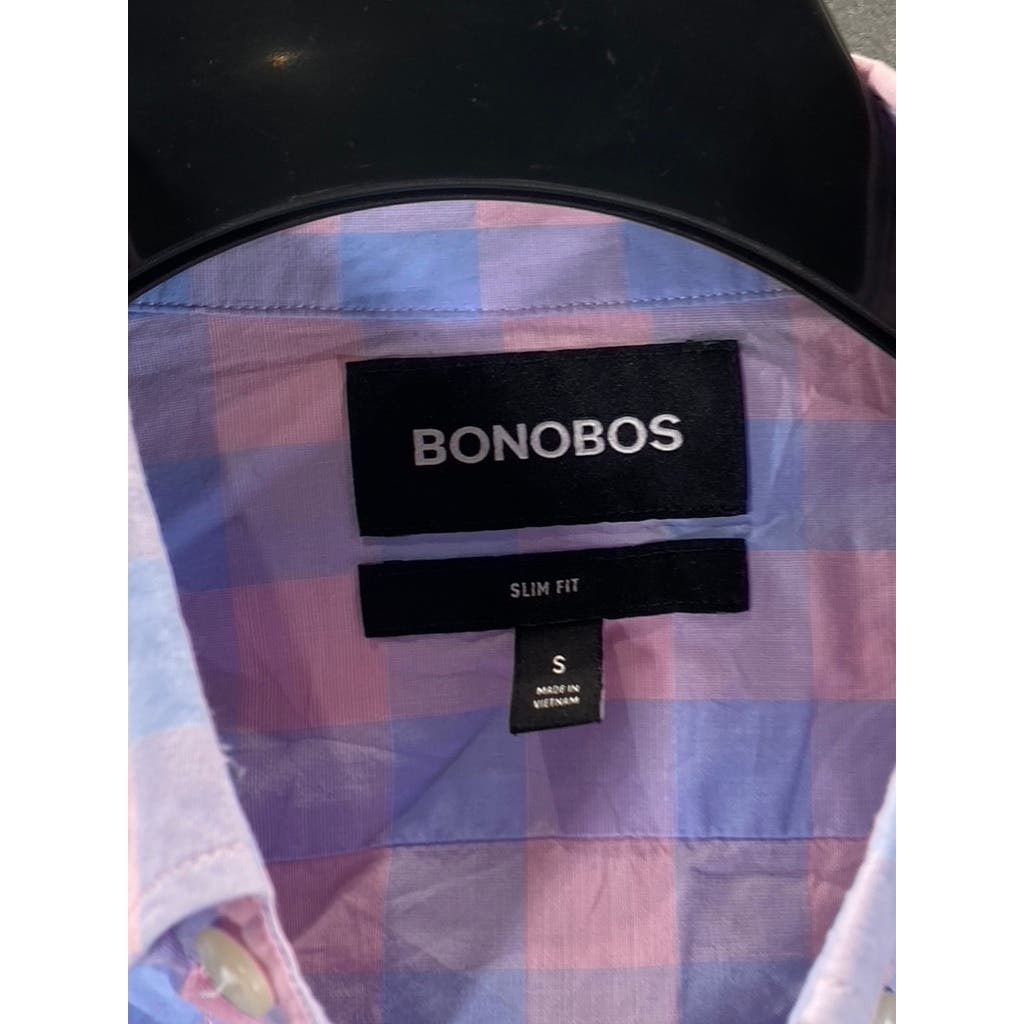 BONOBOS Men's Pink/Blue Gingham Slim-Fit Button-Up Long Sleeve Shirt SZ S