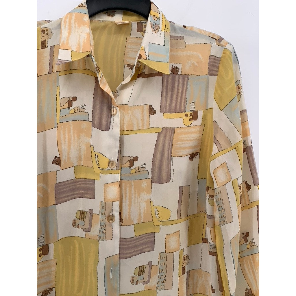 CA MEE Women's Vintage 70's Tan-Beige Square Print Button-Up Long Sleeve Top SZM