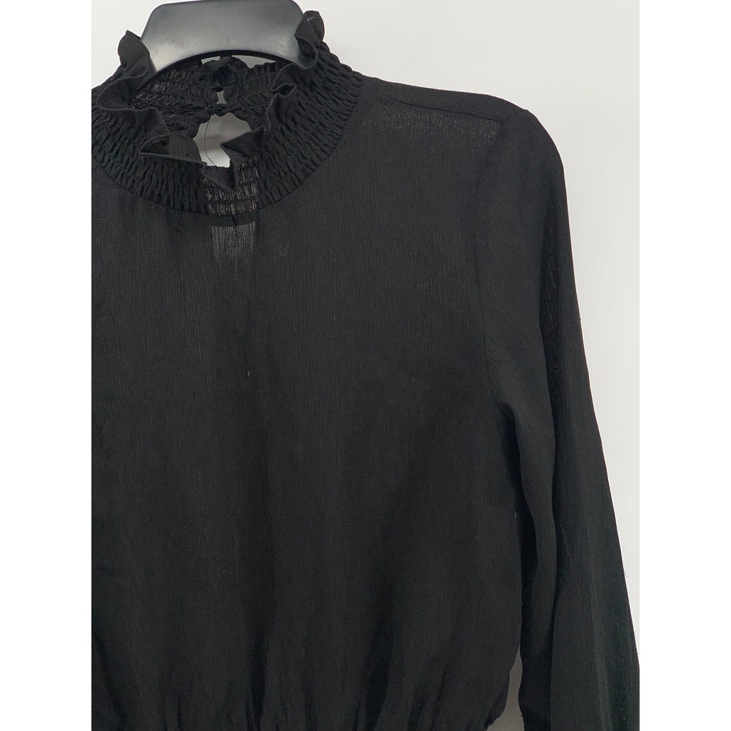 UNBRANDED Women's Black Sheer Mock-Neck Long Bell Sleeve Top SZ S