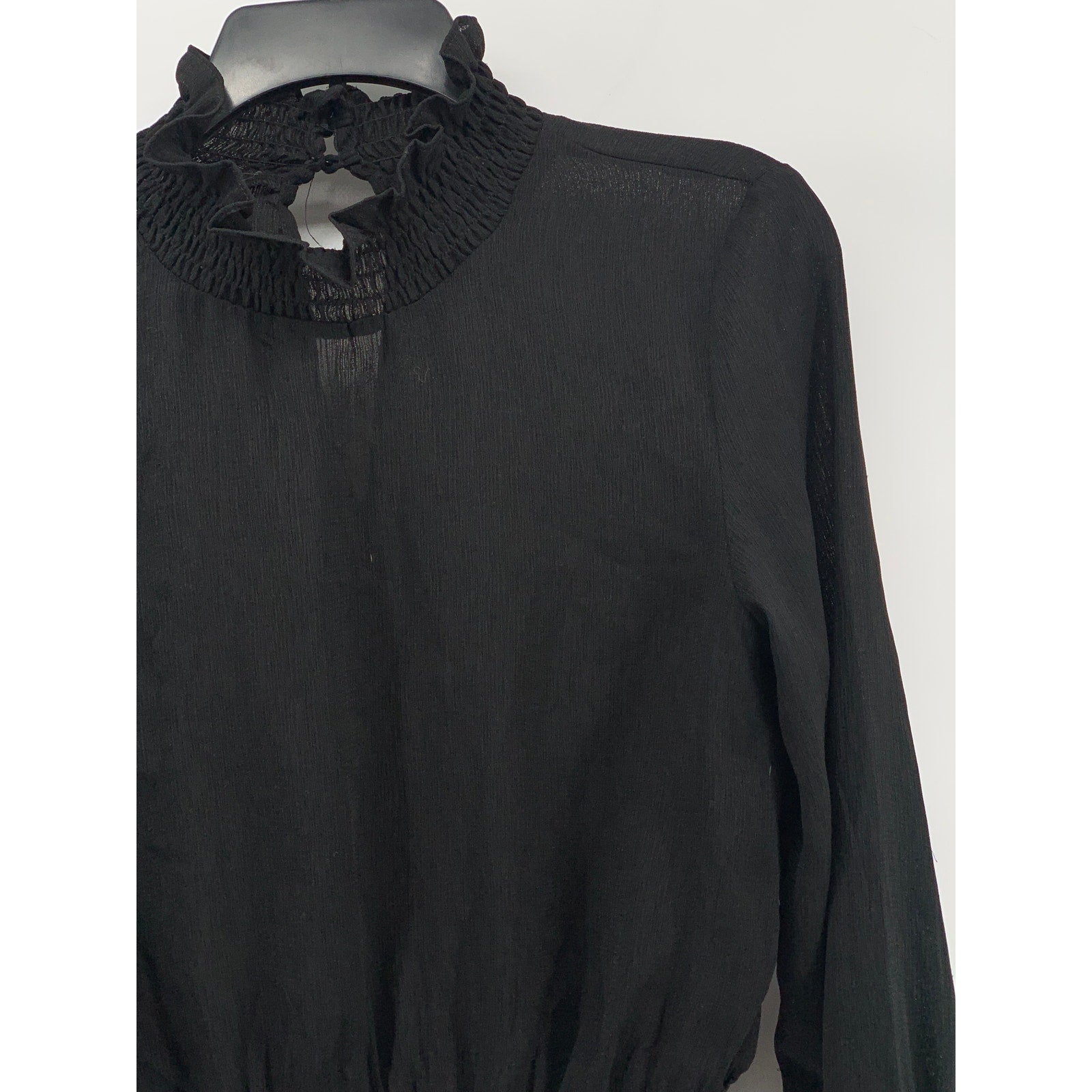 UNBRANDED Women's Black Sheer Mock-Neck Long Bell Sleeve Top SZ S