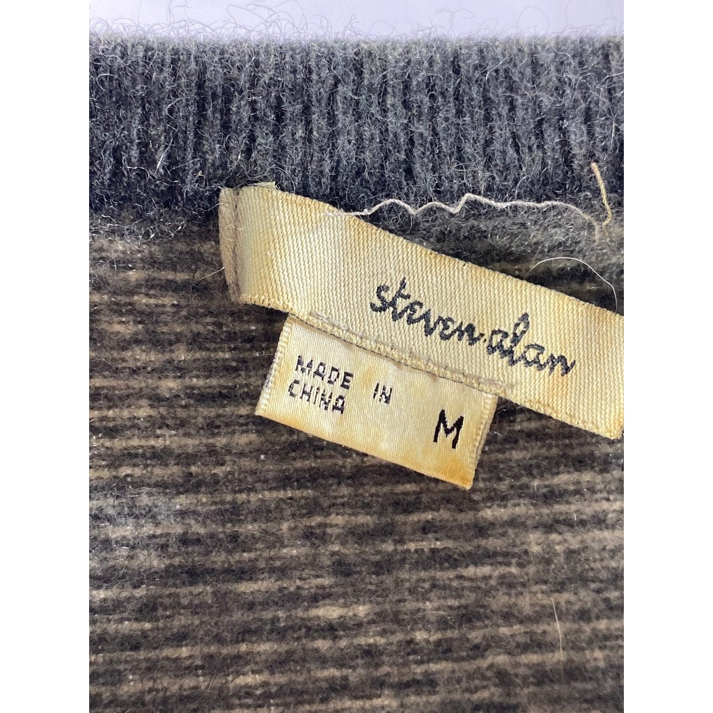 STEVEN ALAN Women's Black-White Crewneck Micro Striped Sweater SZ M