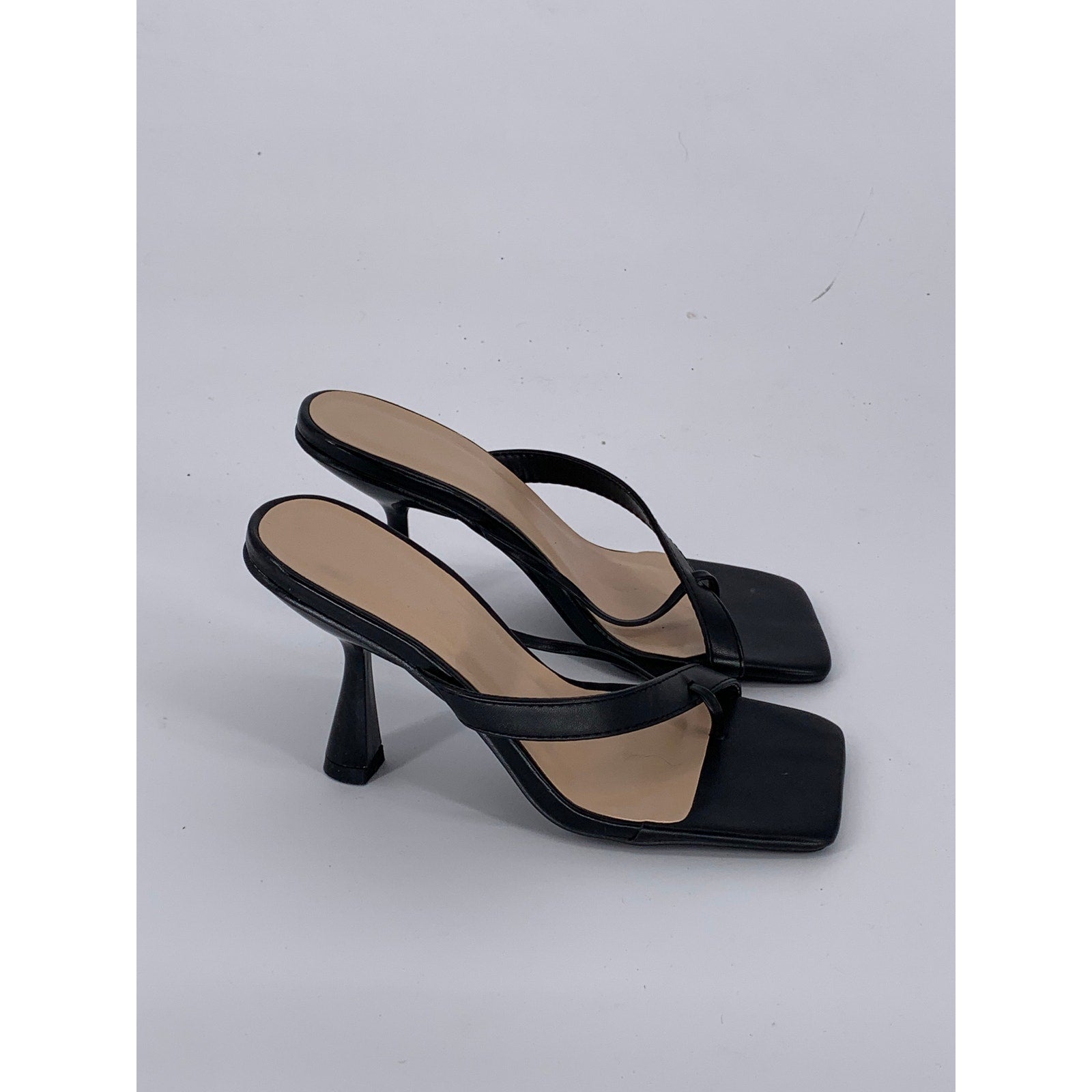 UNBRANDED Women's Black Faux-Leather Square-Toe Slip-On Heeled Sandals SZ 6