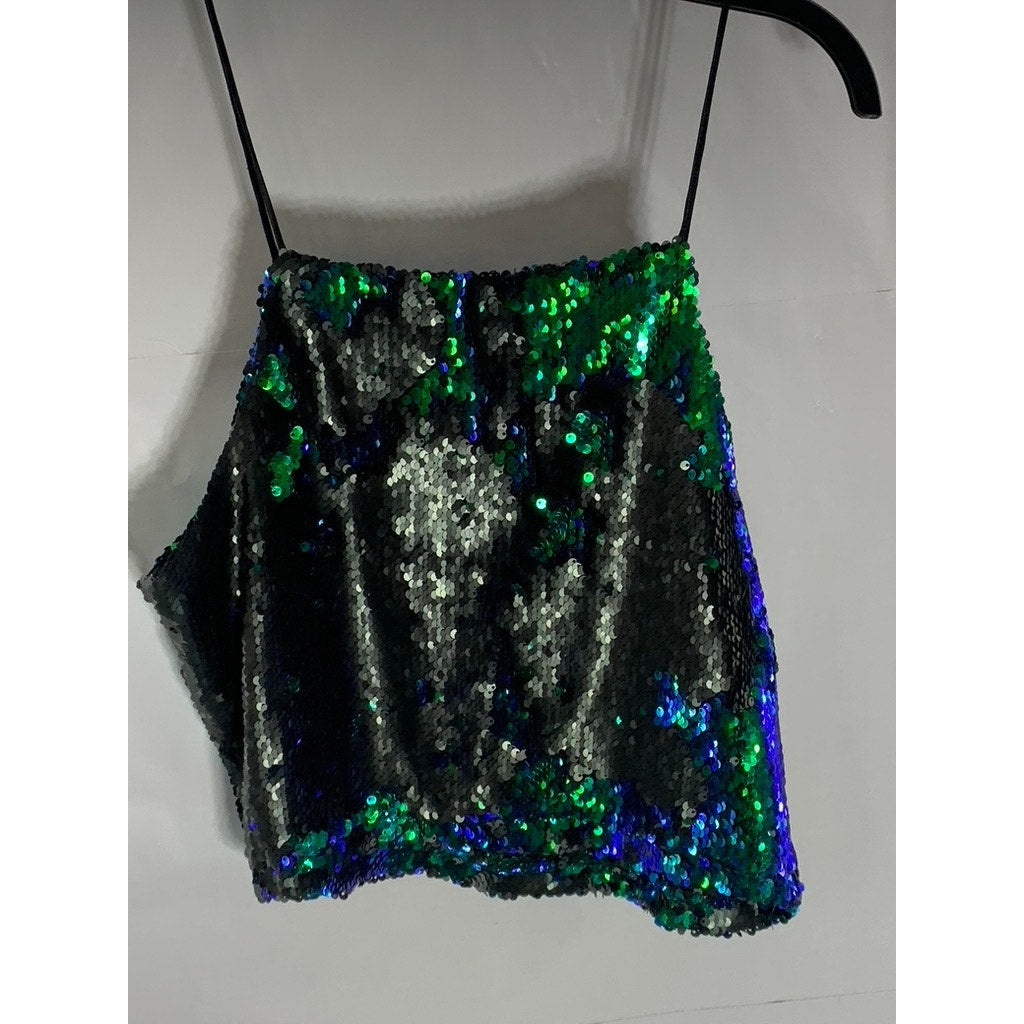 FORVEER 21 Women's Green Straight-Neck Sequin Embellished Crop Tank Top SZ S