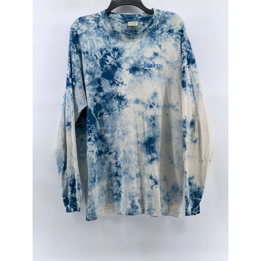 BODEGA Men's Blue-White Tie-Dye Graphic Logo Crewneck Long Sleeve T-Shirt SZ L