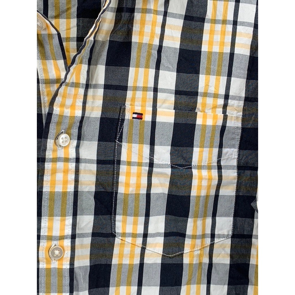 TOMMY HILFIGER Men's Blue-Yellow Plaid Custom Button-Up Long Sleeve Shirt SZ M