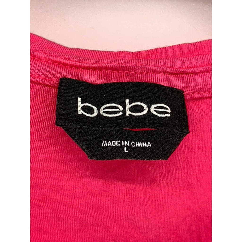 BEBE Women's Hot Pink Rhinestone Embellished Logo Short Sleeve Top SZ L