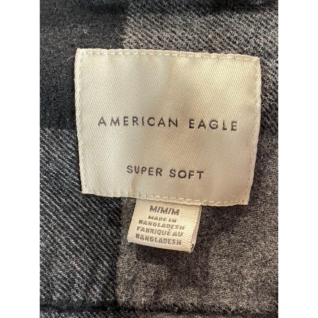 AMERICAN EAGLE Men's Gray/Black Plaid Super Soft Flannel Button-Up Shirt SZ M