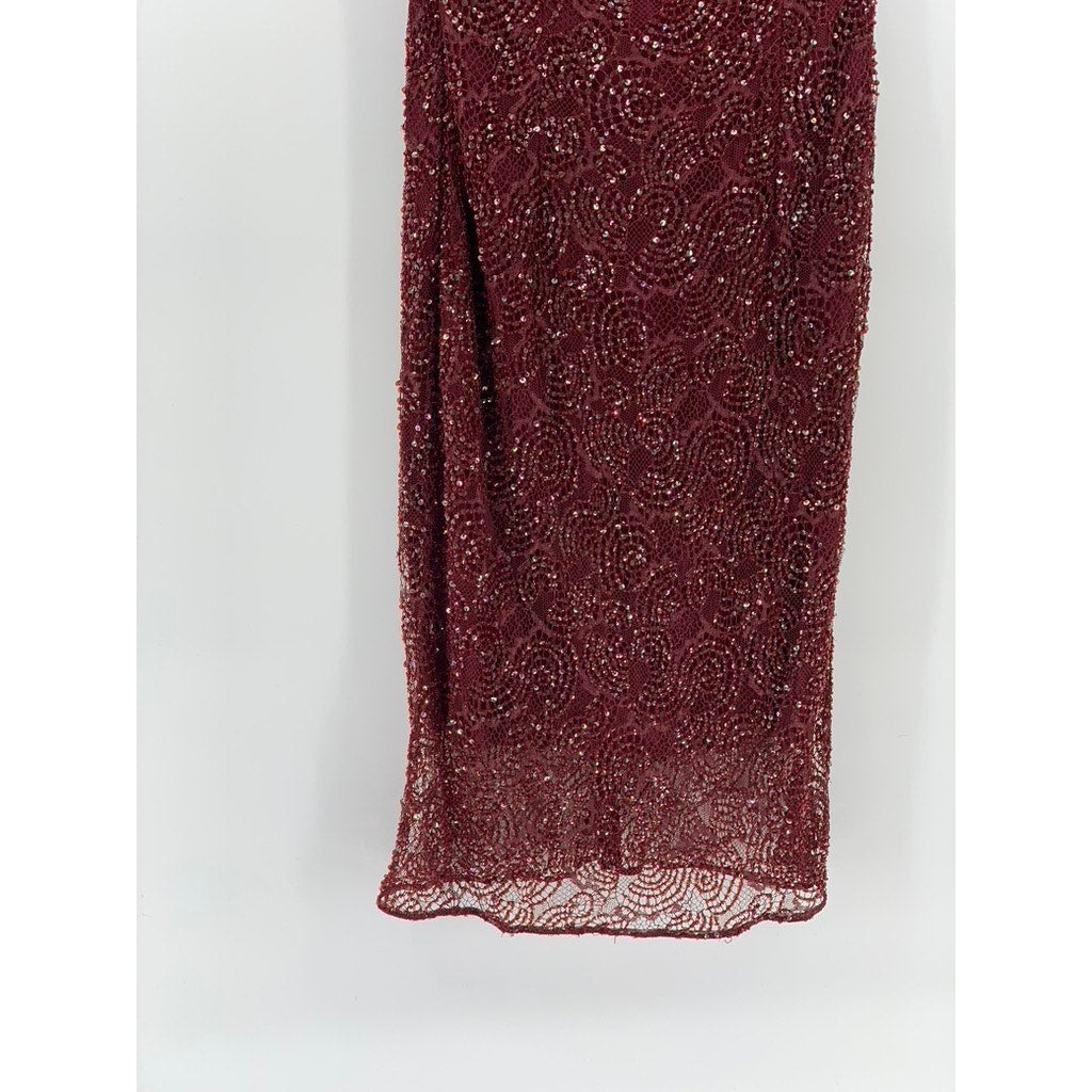 UNBRANDED Women's Burgundy Beaded Mesh Cold Shoulder Short Sleeve Dress SZ S