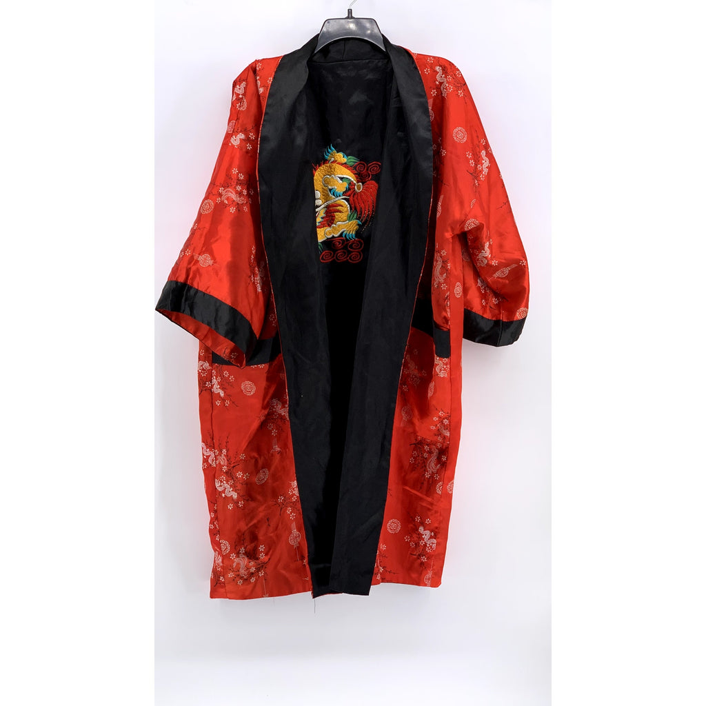 UNBRANDED Unisex Black-Red Vintage Rare Thai Silky Dragon Reversible Kimono
