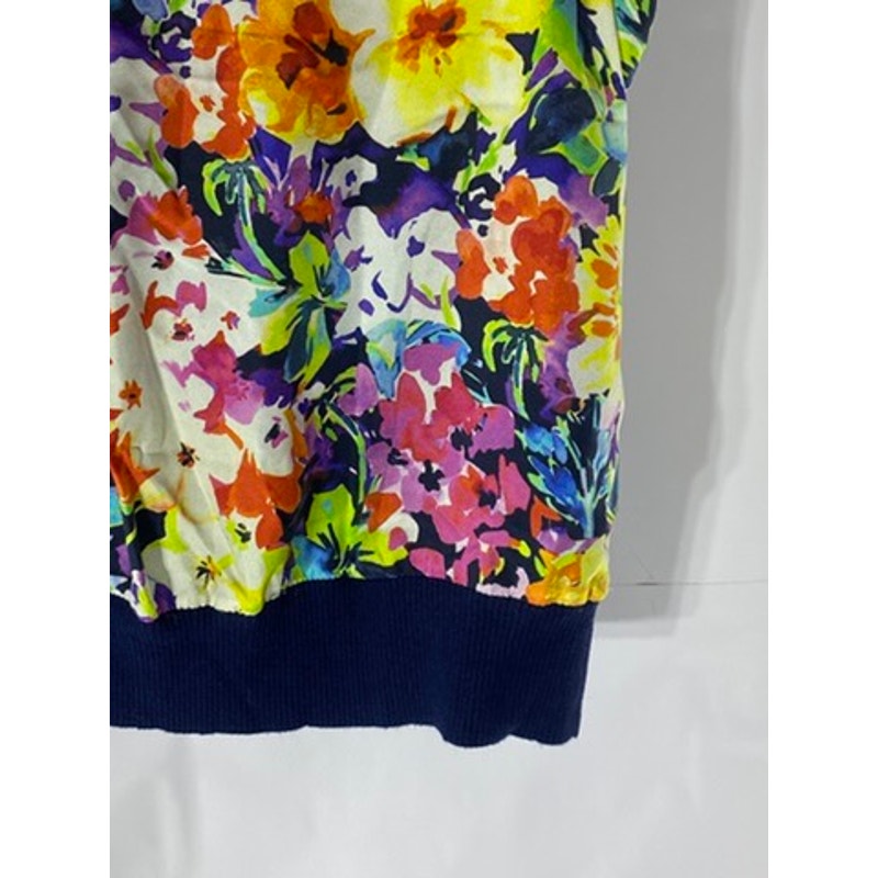 LAUREN RALPH LAUREN Women's Navy Silk Floral Crewneck Sleeveless Keyhole Top SZL